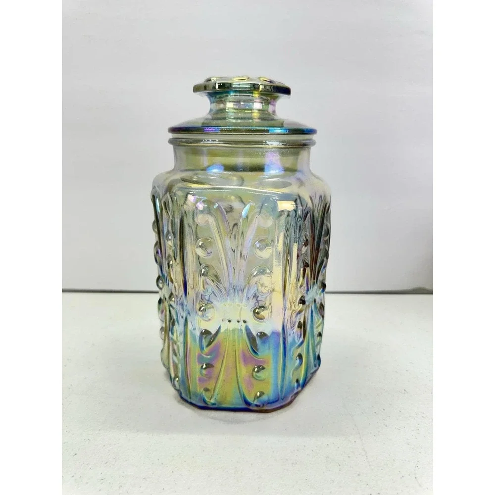 Vintage LE Smith Imperial Atterbury Scroll Canister Jar Iridescent Carnival 9